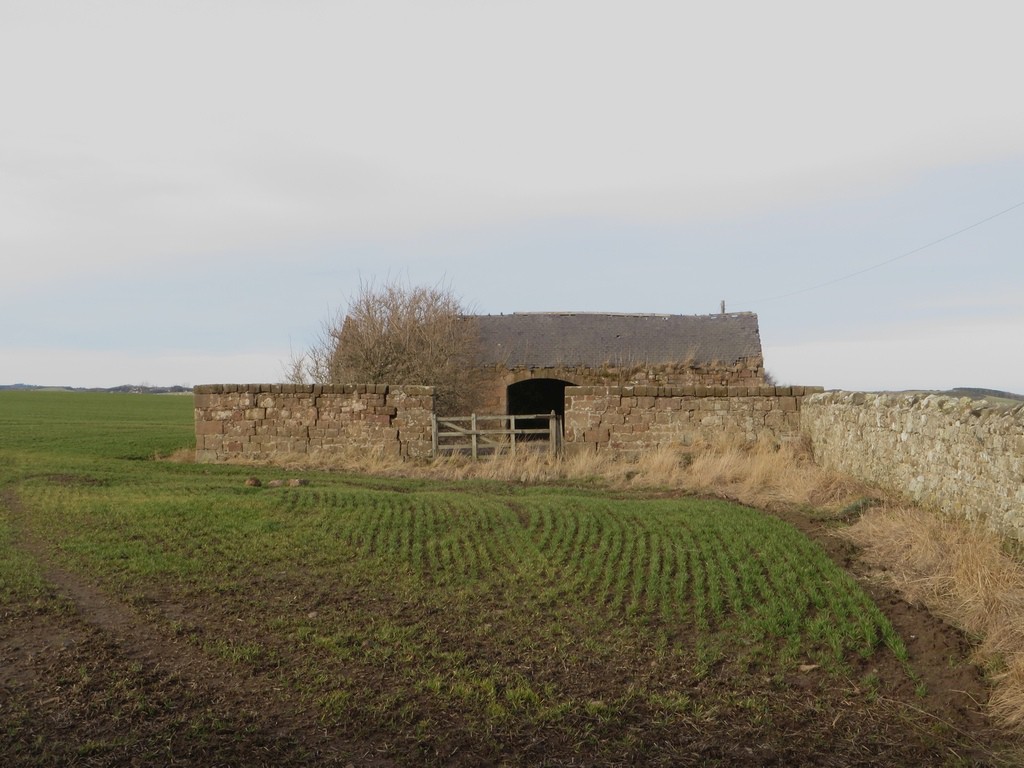 A derelict stone barn beside the footpath to Adderstone Mains